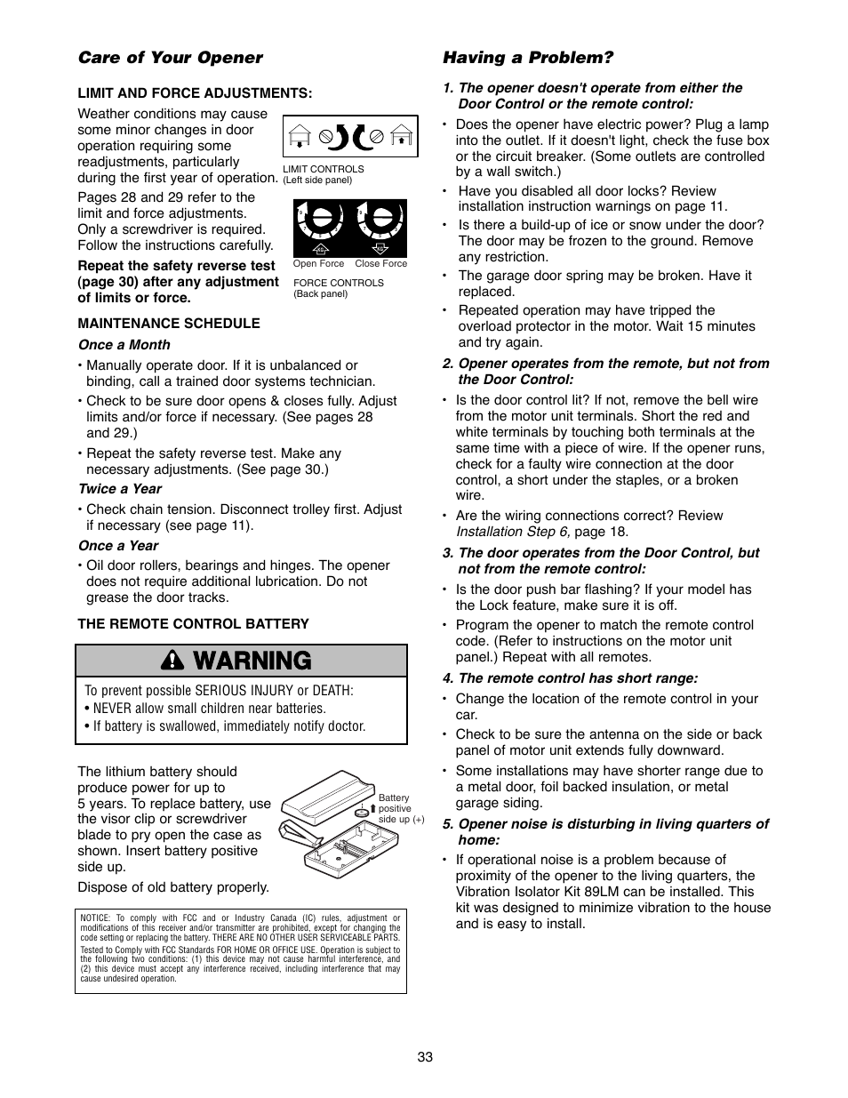 Care of your opener/having a problem, Warning caution warning warning, Care of your opener | Having a problem | Chamberlain 1240R - 1/4HP User Manual | Page 33 / 40