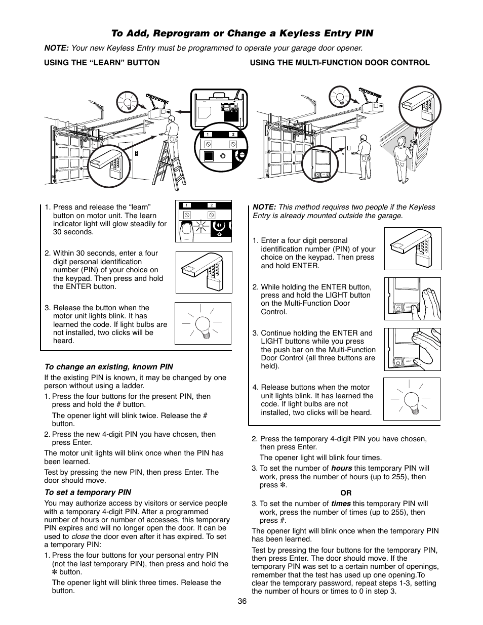 To add, reprogram or change a keyless entry pin | Chamberlain 1240R - 1/4HP User Manual | Page 36 / 40