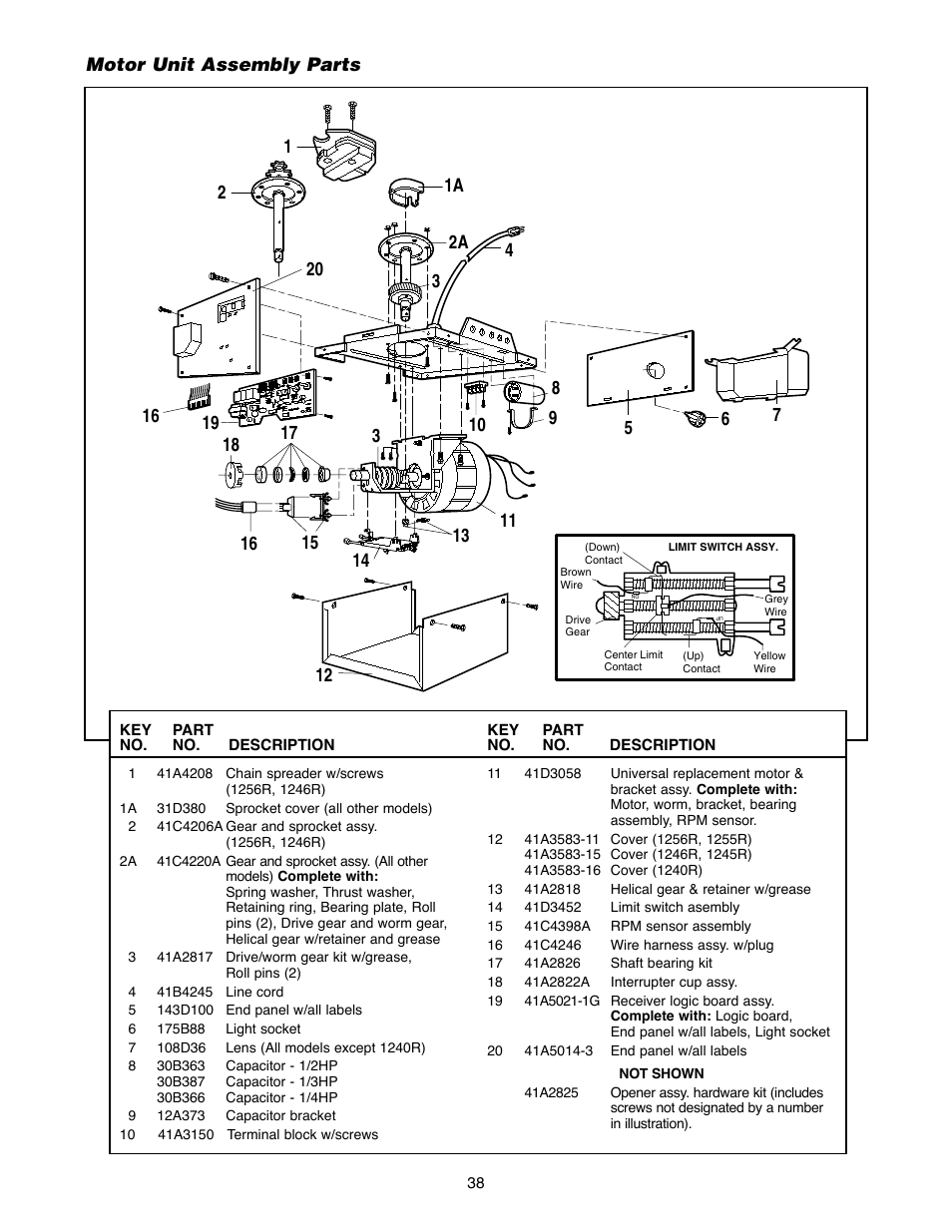 Motor unit assembly parts | Chamberlain 1240R - 1/4HP User Manual | Page 38 / 40