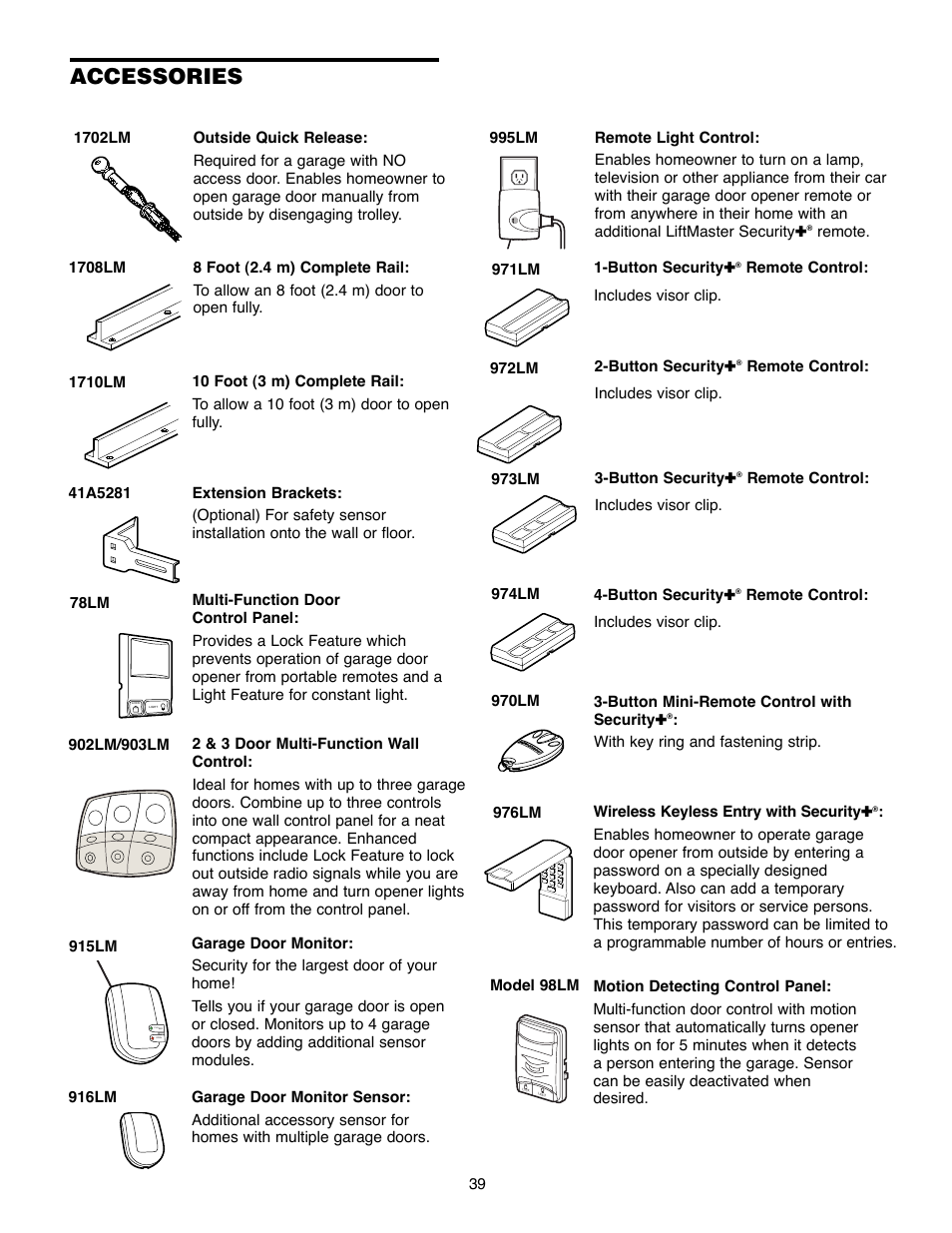 Accessories | Chamberlain 1240R - 1/4HP User Manual | Page 39 / 40