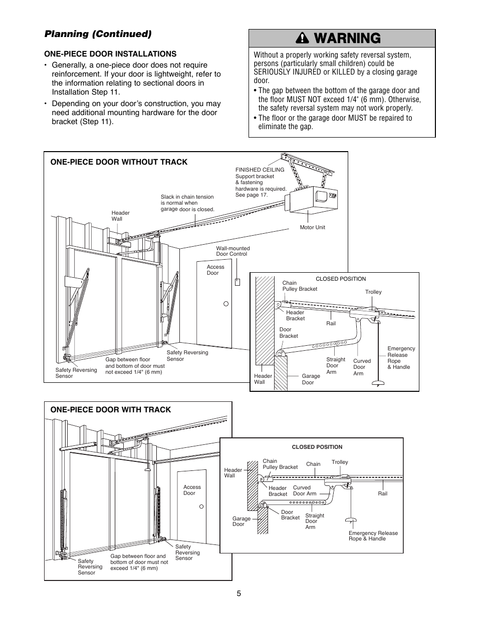 Warning caution warning warning, Planning (continued) | Chamberlain 1240R - 1/4HP User Manual | Page 5 / 40