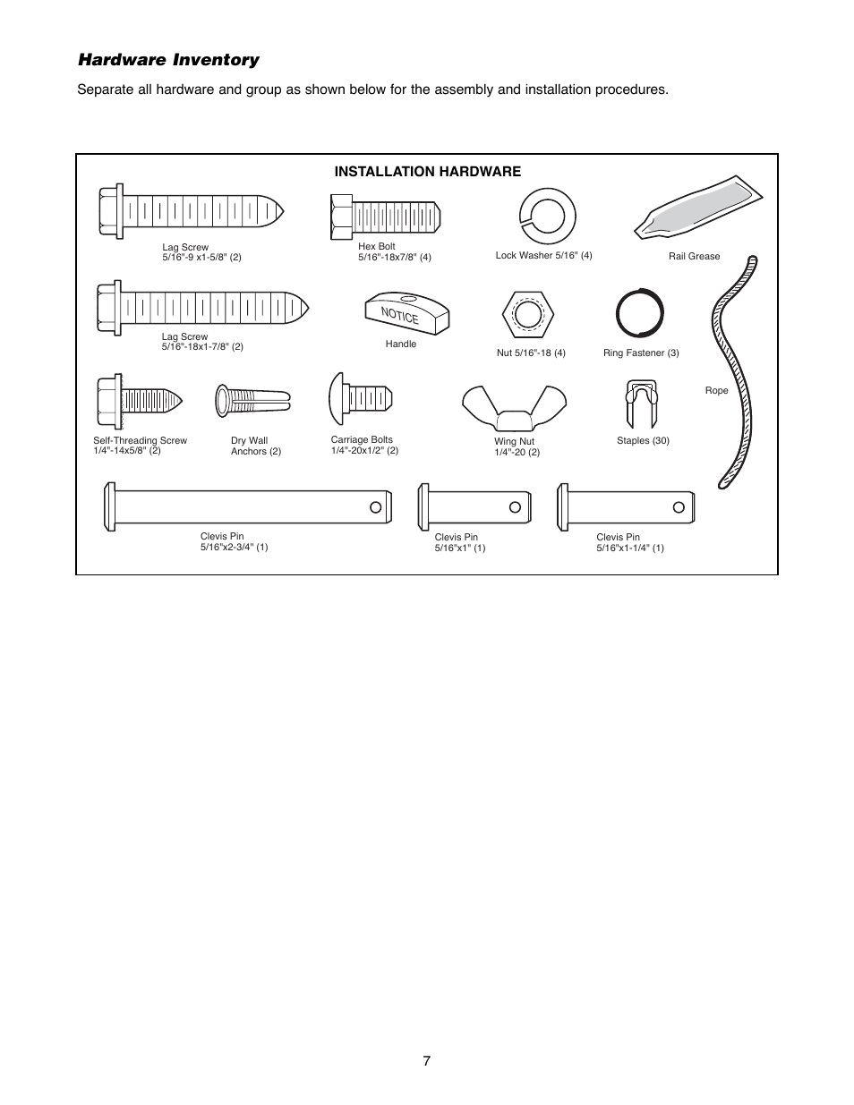 Hardware inventory, Installation hardware | Chamberlain 1240R - 1/4HP User Manual | Page 7 / 40