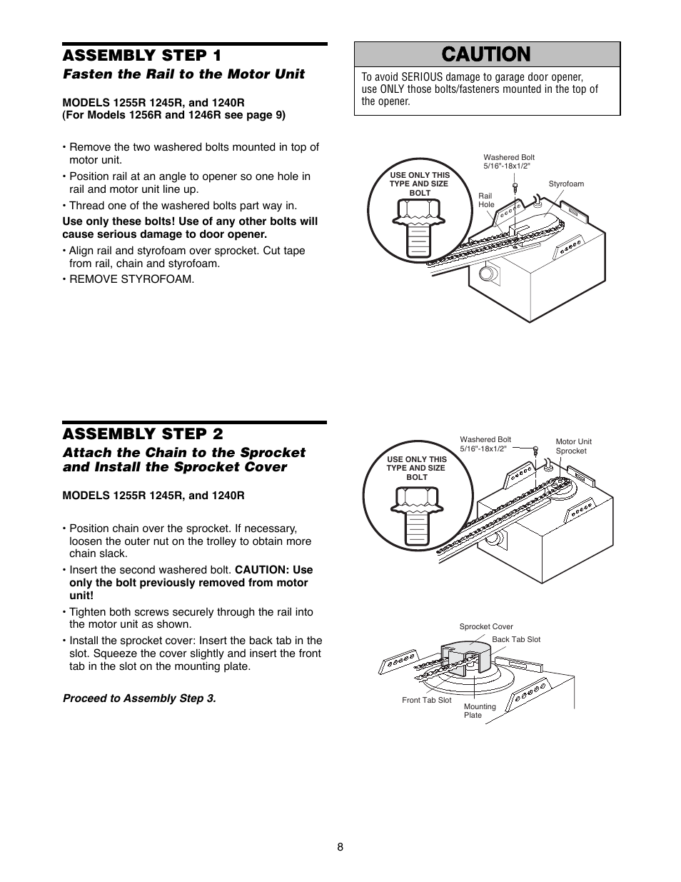 Assembly, Assembly step 1 fasten the rail to the motor unit, Warning caution warning warning | Assembly step 1, Assembly step 2 | Chamberlain 1240R - 1/4HP User Manual | Page 8 / 40