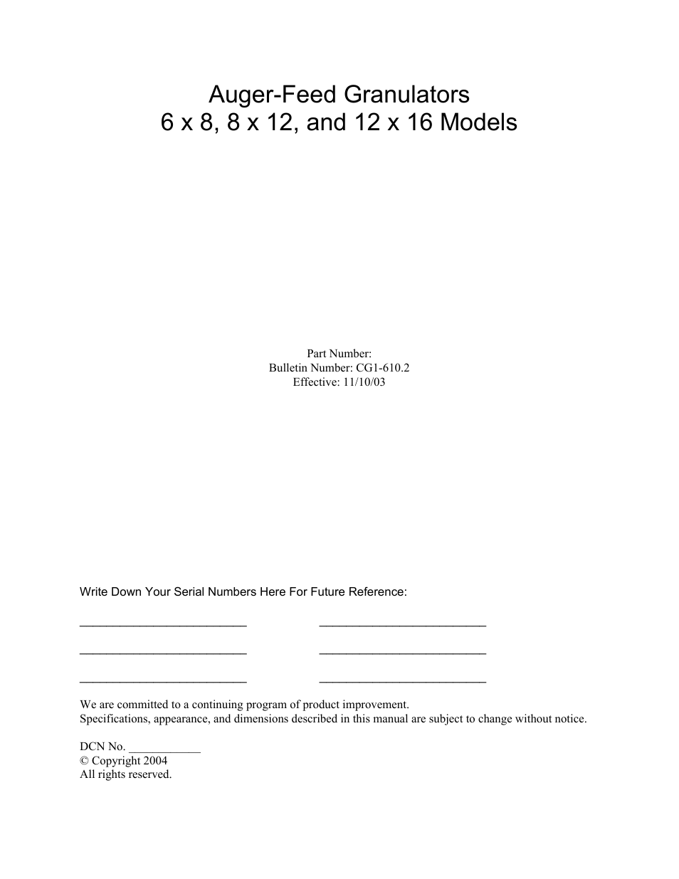 AEC AG Auger Series Granulator User Manual | 36 pages