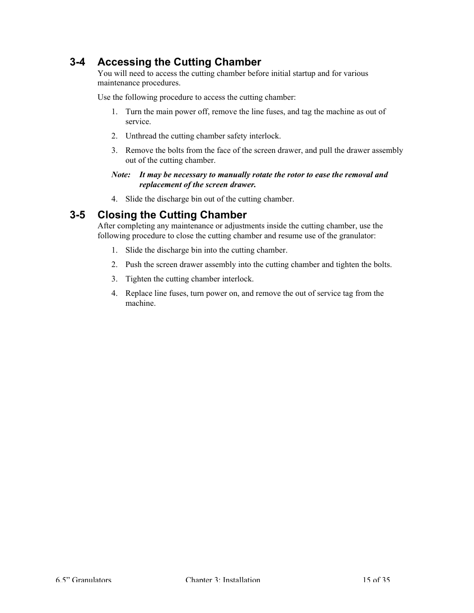 4 accessing the cutting chamber, 5 closing the cutting chamber | AEC AG Auger Series Granulator User Manual | Page 16 / 36