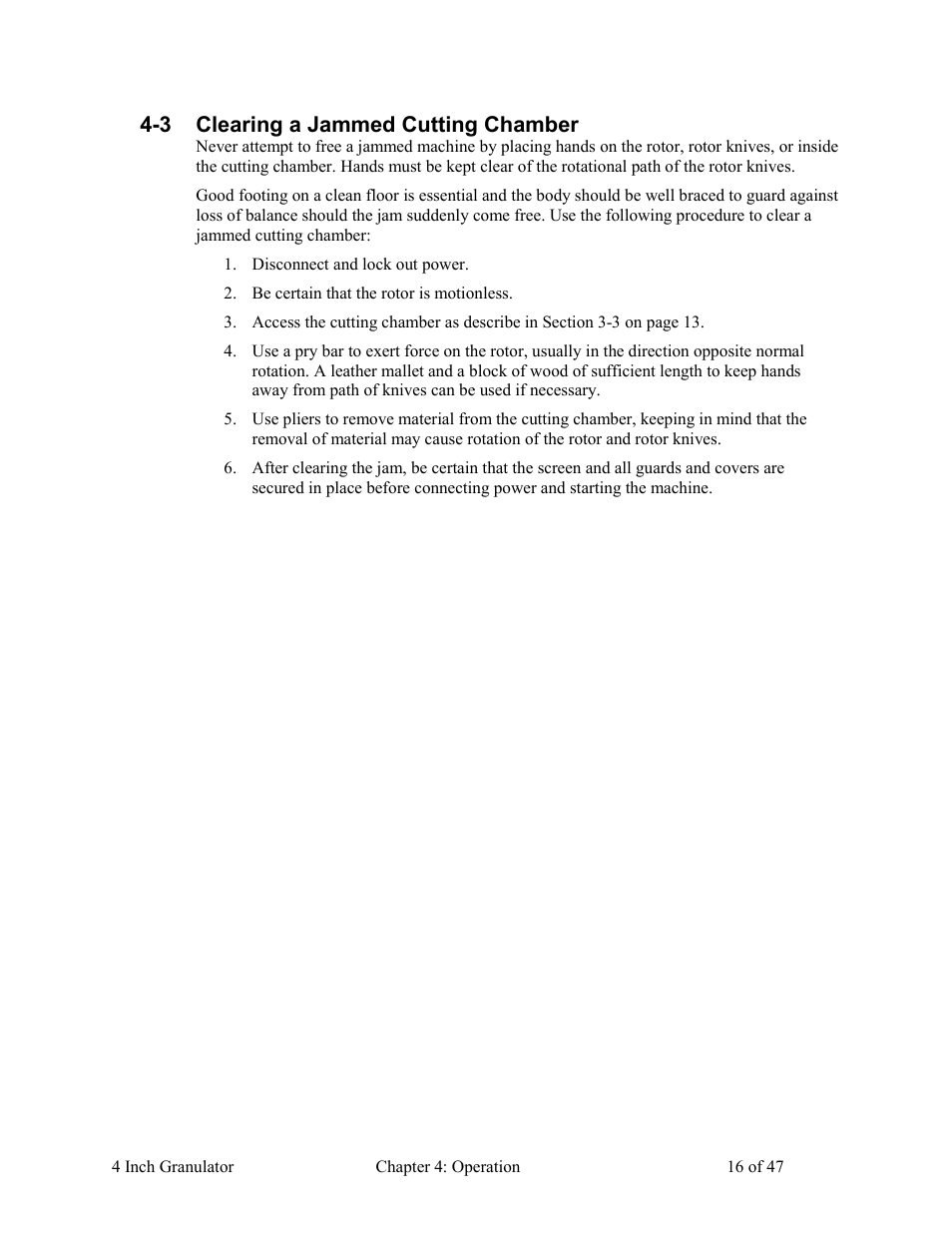 Clearing a jammed cutting chamber, 3 clearing a jammed cutting chamber | AEC Colortronic Granulator - M103 User Manual | Page 16 / 47