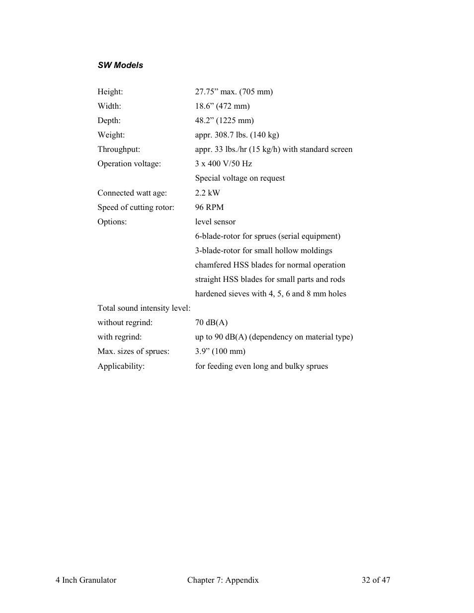 Sw models | AEC Colortronic Granulator - M103 User Manual | Page 32 / 47