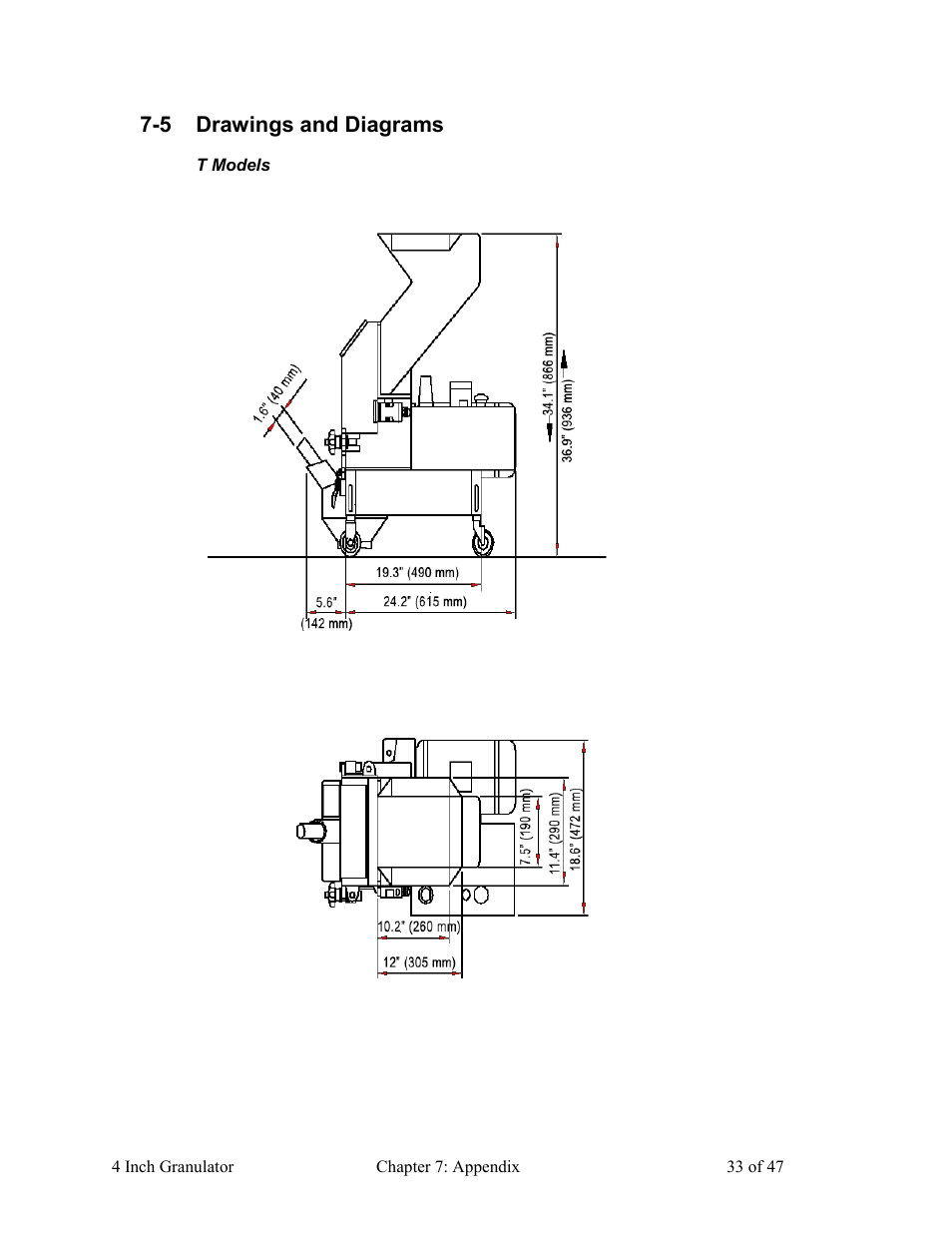 Drawings and diagrams, T models | AEC Colortronic Granulator - M103 User Manual | Page 33 / 47