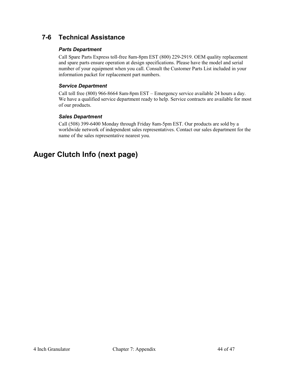 Parts department, Service department, Sales department | Auger clutch info (next page) | AEC Colortronic Granulator - M103 User Manual | Page 44 / 47