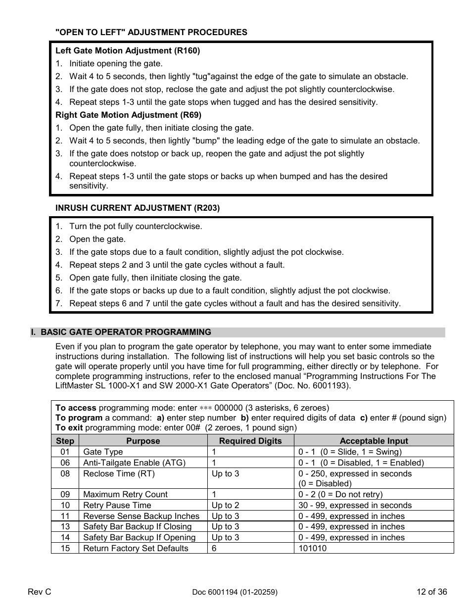 I. basic gate operator programming | Chamberlain SL 1000-XI User Manual | Page 15 / 39