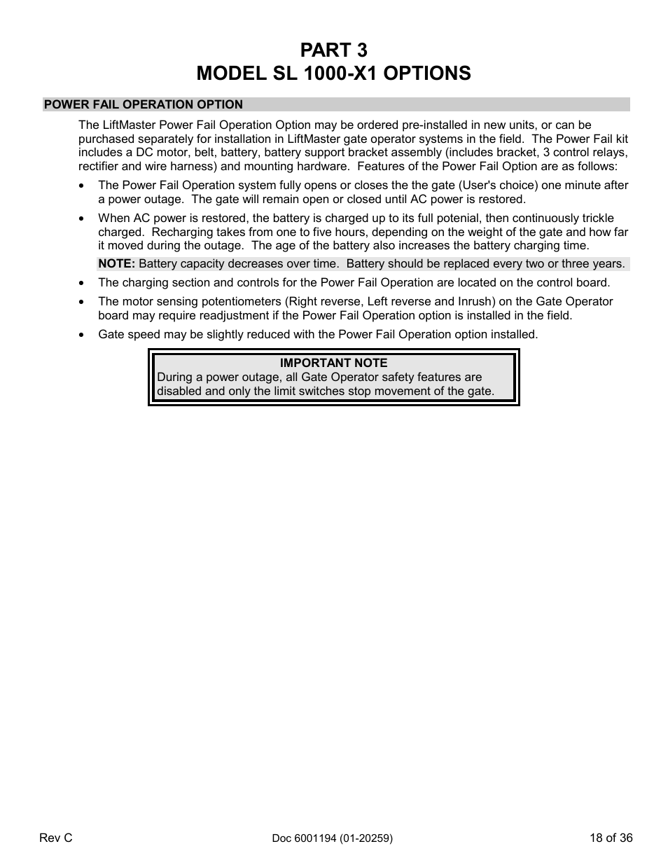 Part 3 model sl 1000-x1 options, Power fail operation option | Chamberlain SL 1000-XI User Manual | Page 21 / 39