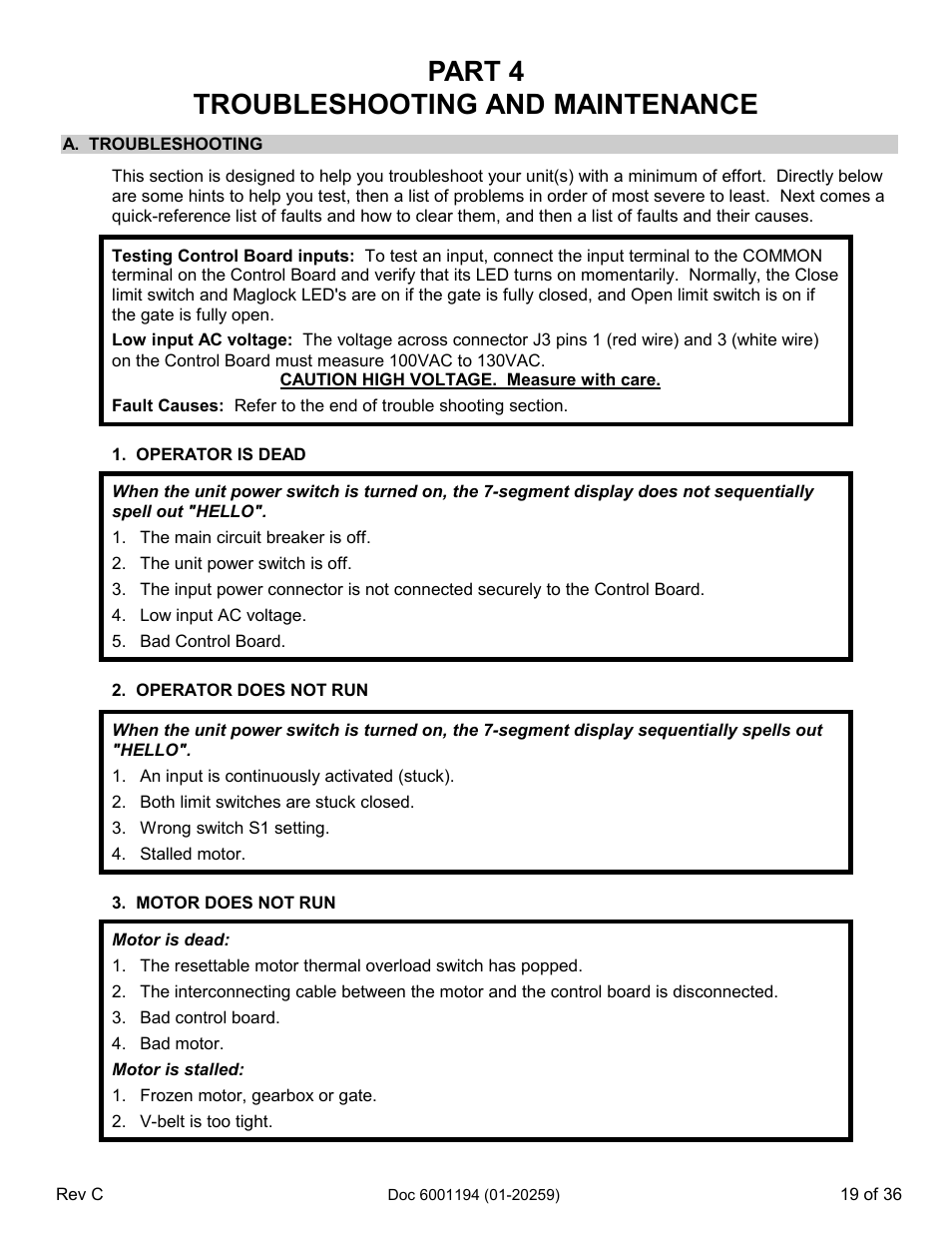 Part 4 troubleshooting and maintenance, A. troubleshooting | Chamberlain SL 1000-XI User Manual | Page 22 / 39