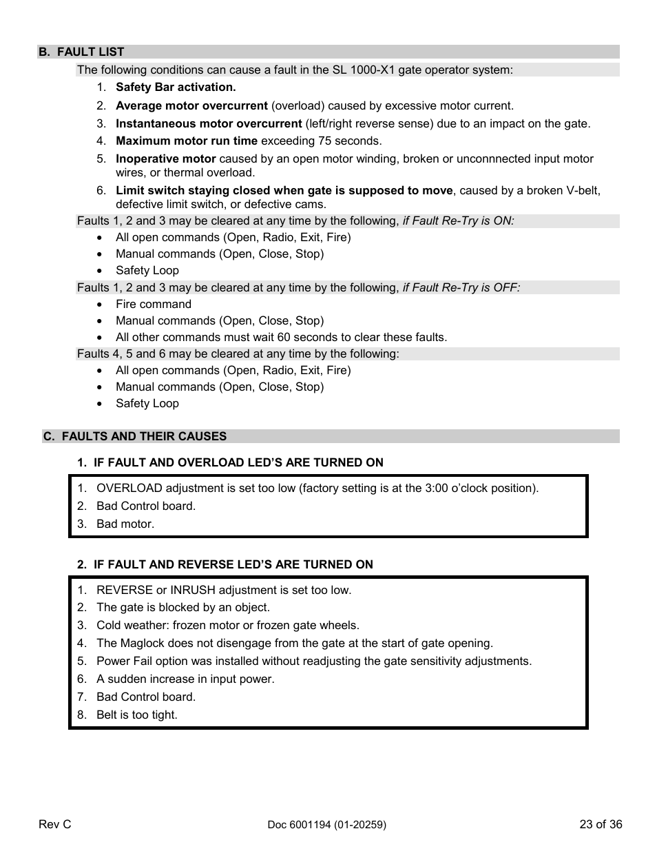 B. fault list c. faults and their causes | Chamberlain SL 1000-XI User Manual | Page 26 / 39