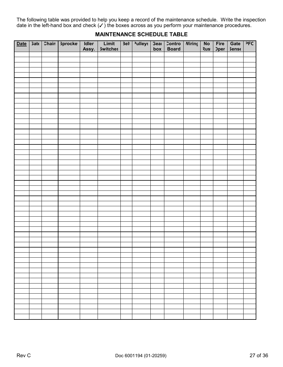 Maintenance schedule table | Chamberlain SL 1000-XI User Manual | Page 30 / 39