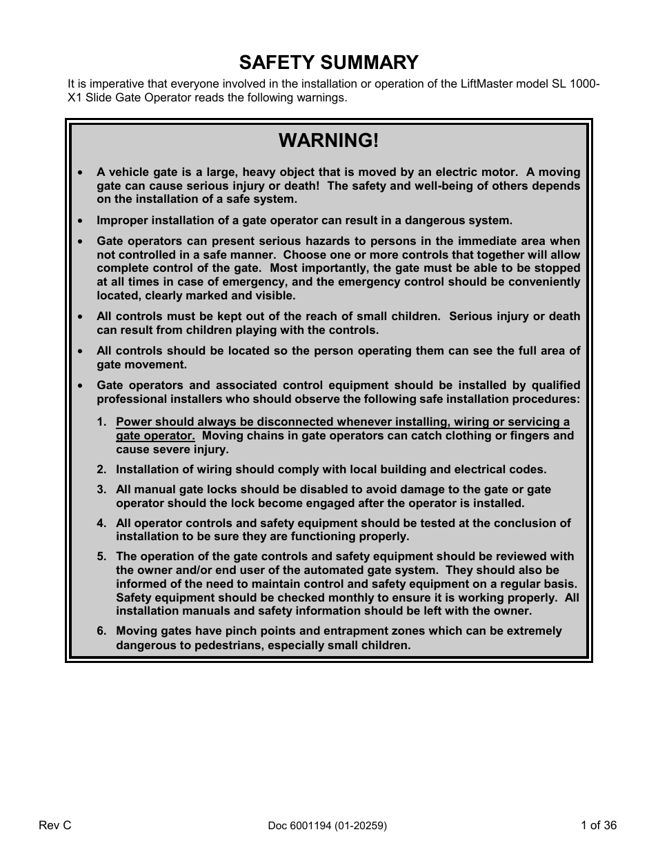 Safety summary, Warning | Chamberlain SL 1000-XI User Manual | Page 4 / 39