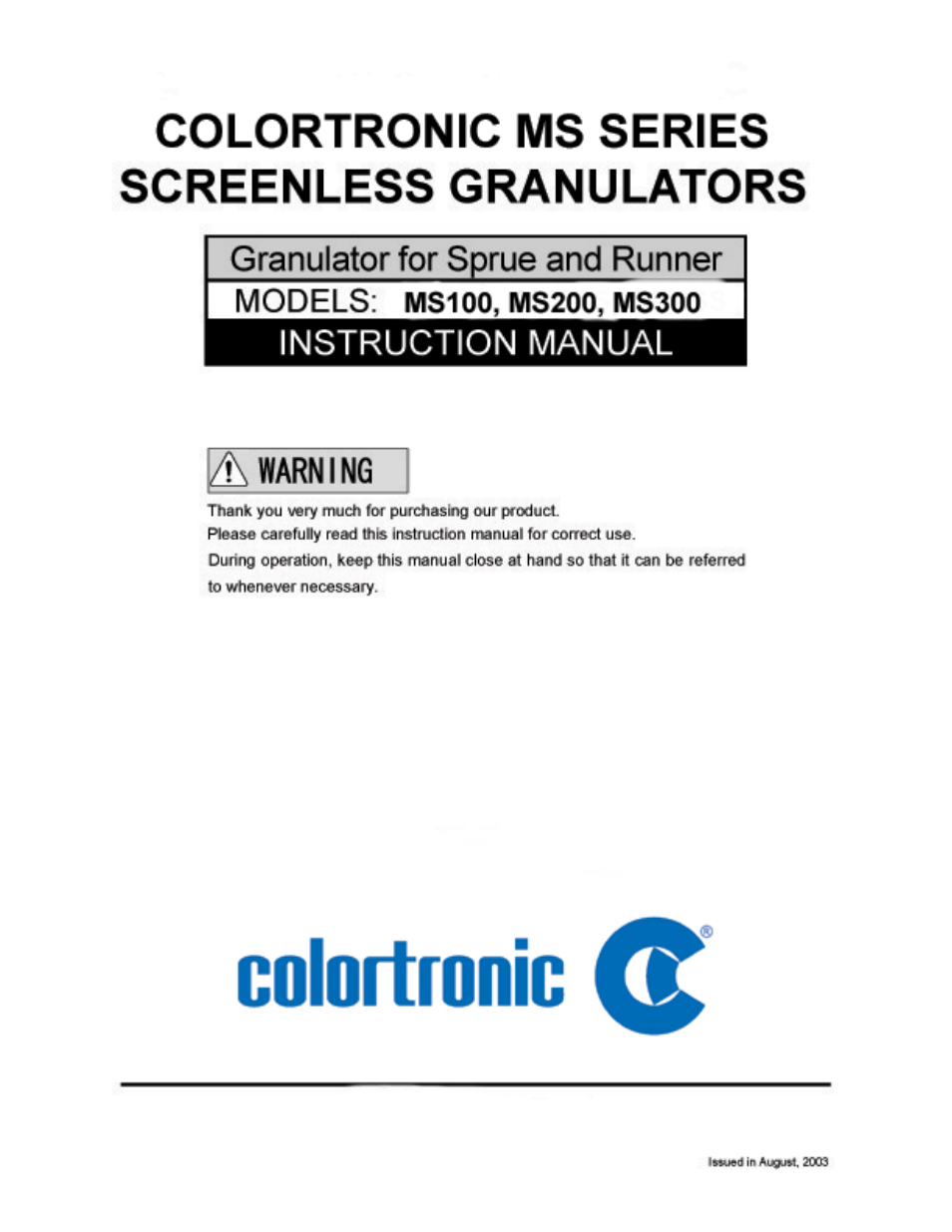 AEC Colortronic MS Series Screenless Granulator User Manual | 43 pages