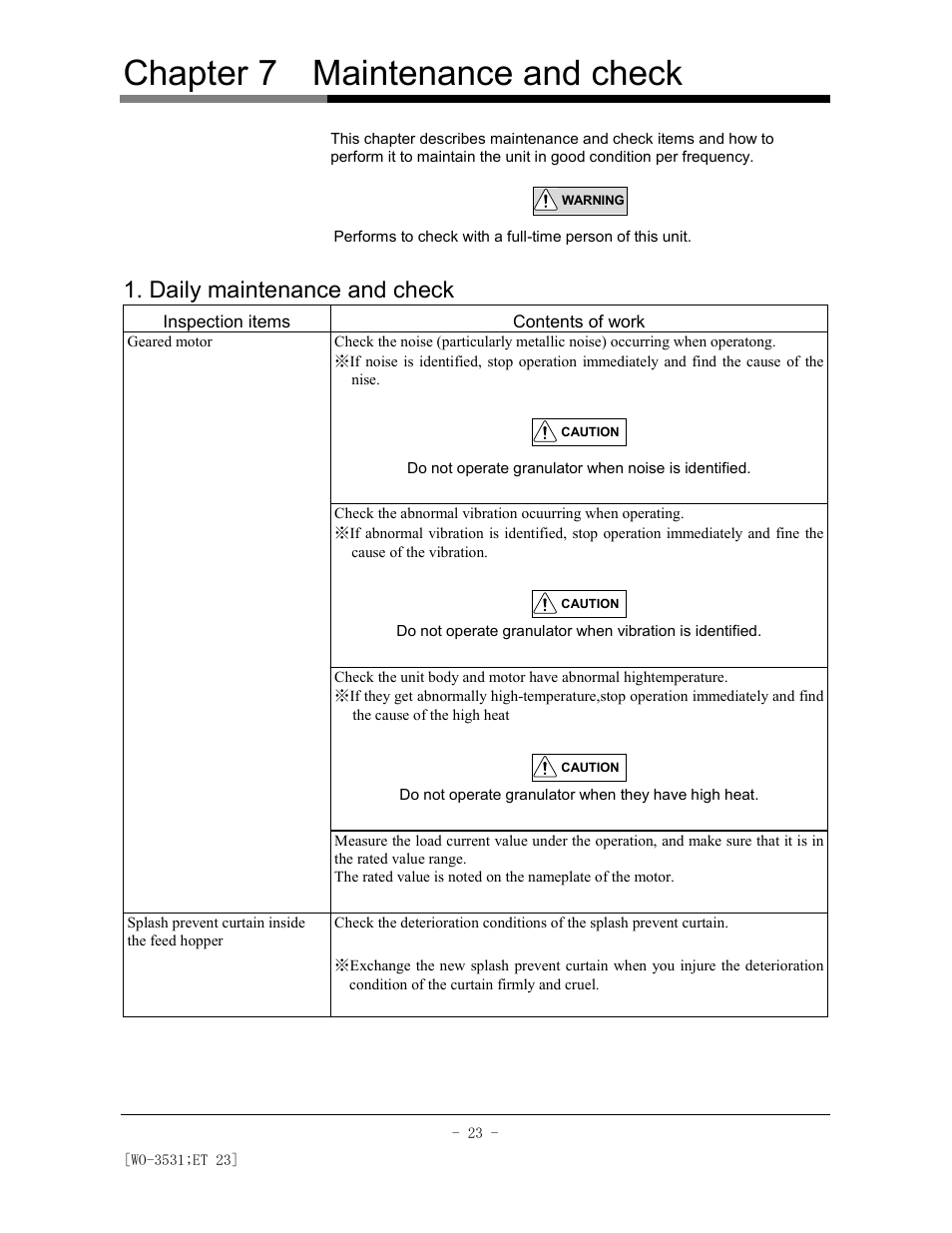 Chapter 7 maintenance and check, Daily maintenance and check | AEC Colortronic MS Series Screenless Granulator User Manual | Page 28 / 43