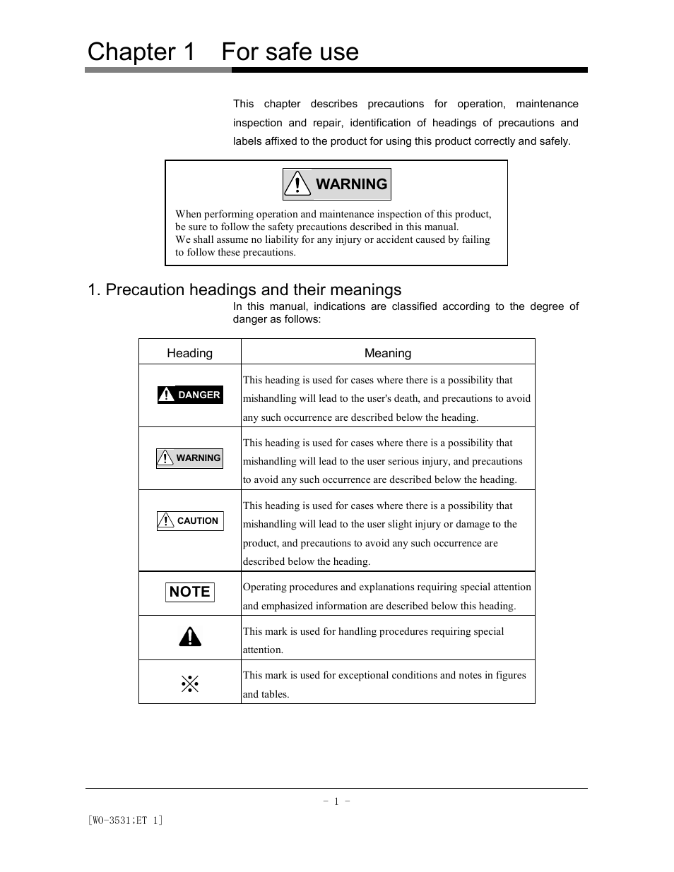 Chapter 1 for safe use, Precaution headings and their meanings, Warning | AEC Colortronic MS Series Screenless Granulator User Manual | Page 6 / 43