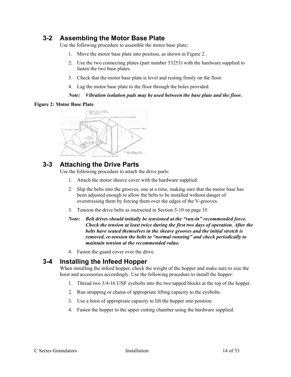 2 assembling the motor base plate, 3 attaching the drive parts, 4 installing the infeed hopper | AEC Colortronic MSH Series 2039 User Manual | Page 14 / 53