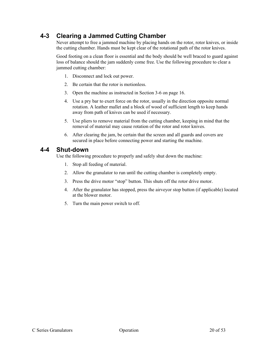 3 clearing a jammed cutting chamber, 4 shut-down | AEC Colortronic MSH Series 2039 User Manual | Page 20 / 53