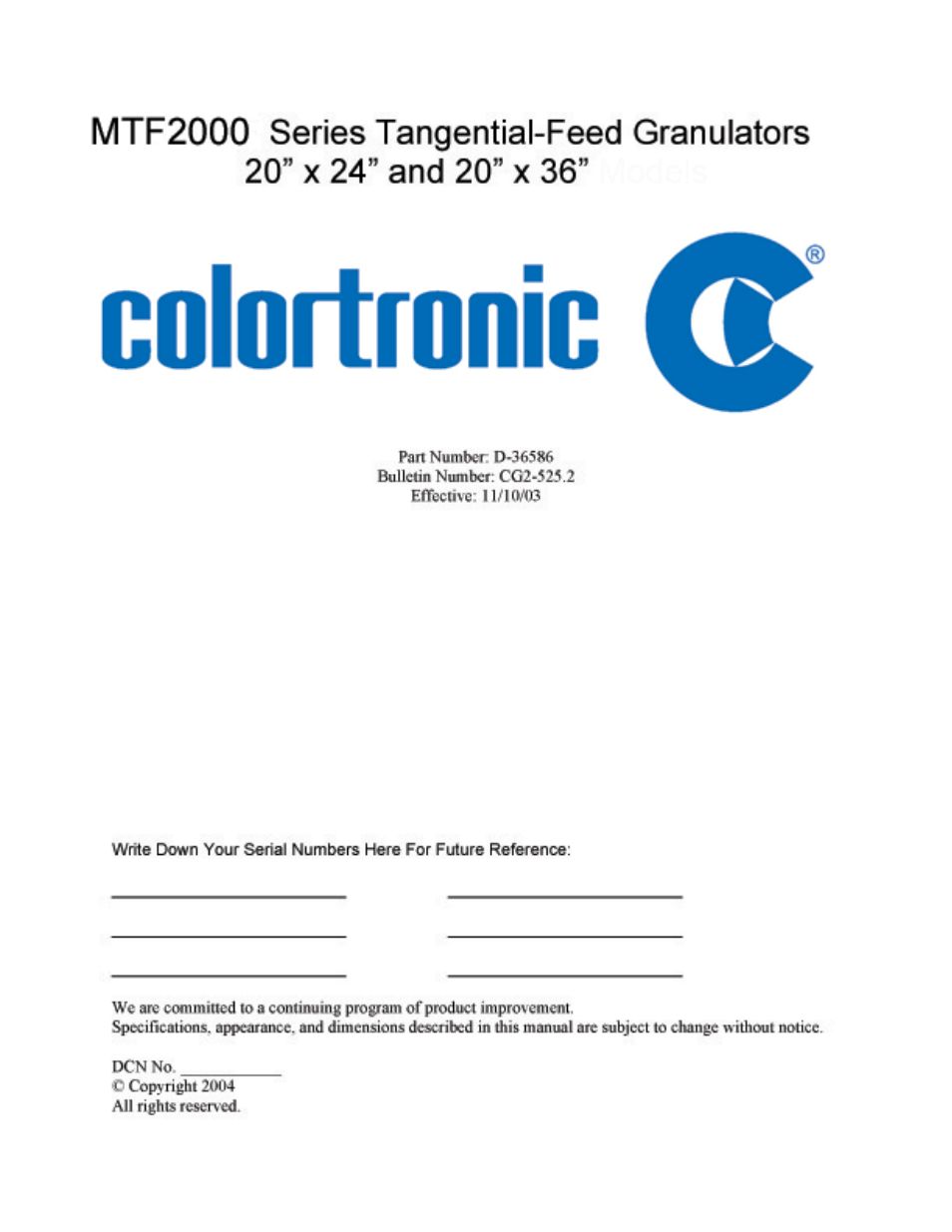 AEC Colortronic MTF 2000 Series Granulator User Manual | 39 pages