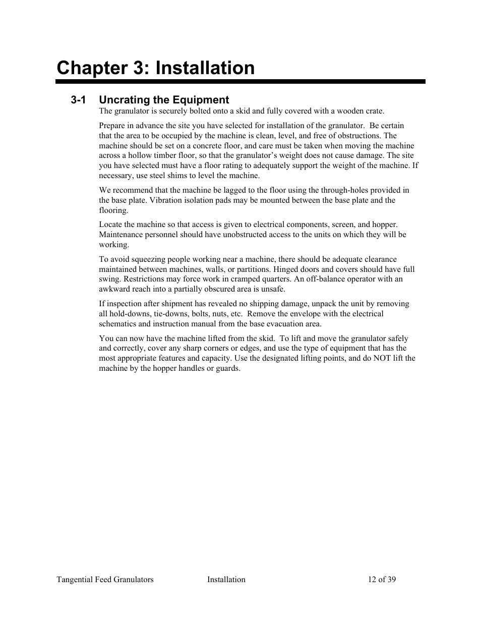 Chapter 3: installation | AEC Colortronic MTF 2000 Series Granulator User Manual | Page 12 / 39