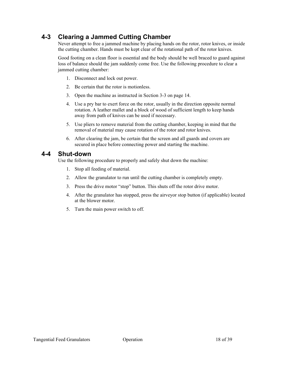 3 clearing a jammed cutting chamber, 4 shut-down | AEC Colortronic MTF 2000 Series Granulator User Manual | Page 18 / 39