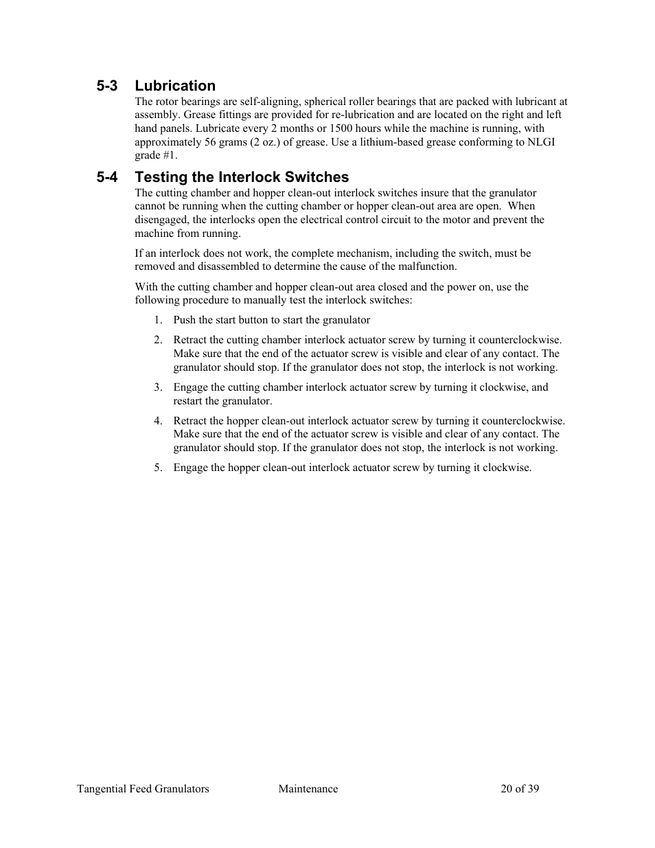 3 lubrication, 4 testing the interlock switches | AEC Colortronic MTF 2000 Series Granulator User Manual | Page 20 / 39