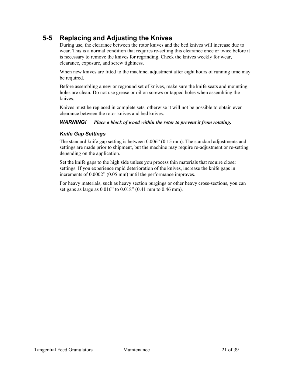 5 replacing and adjusting the knives | AEC Colortronic MTF 2000 Series Granulator User Manual | Page 21 / 39