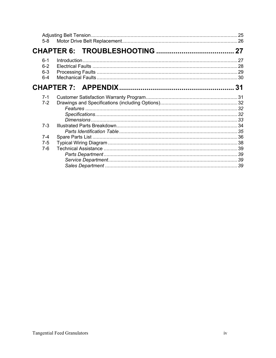 Chapter 6: troubleshooting, Chapter 7: appendix | AEC Colortronic MTF 2000 Series Granulator User Manual | Page 4 / 39