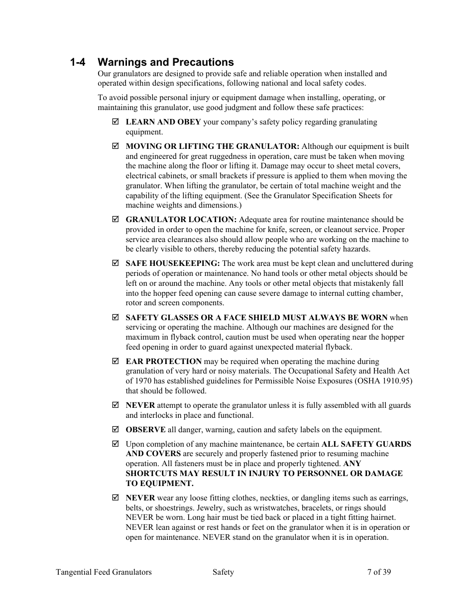 4 warnings and precautions | AEC Colortronic MTF 2000 Series Granulator User Manual | Page 7 / 39