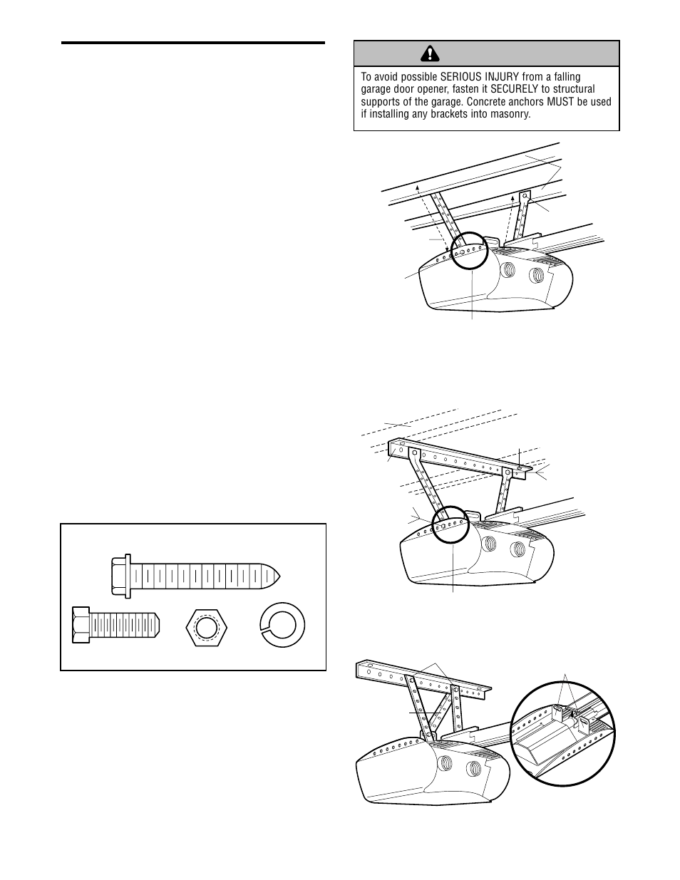 Hang the opener, Warning caution warning warning, Installation step 6 | Chamberlain 7902 K User Manual | Page 20 / 40