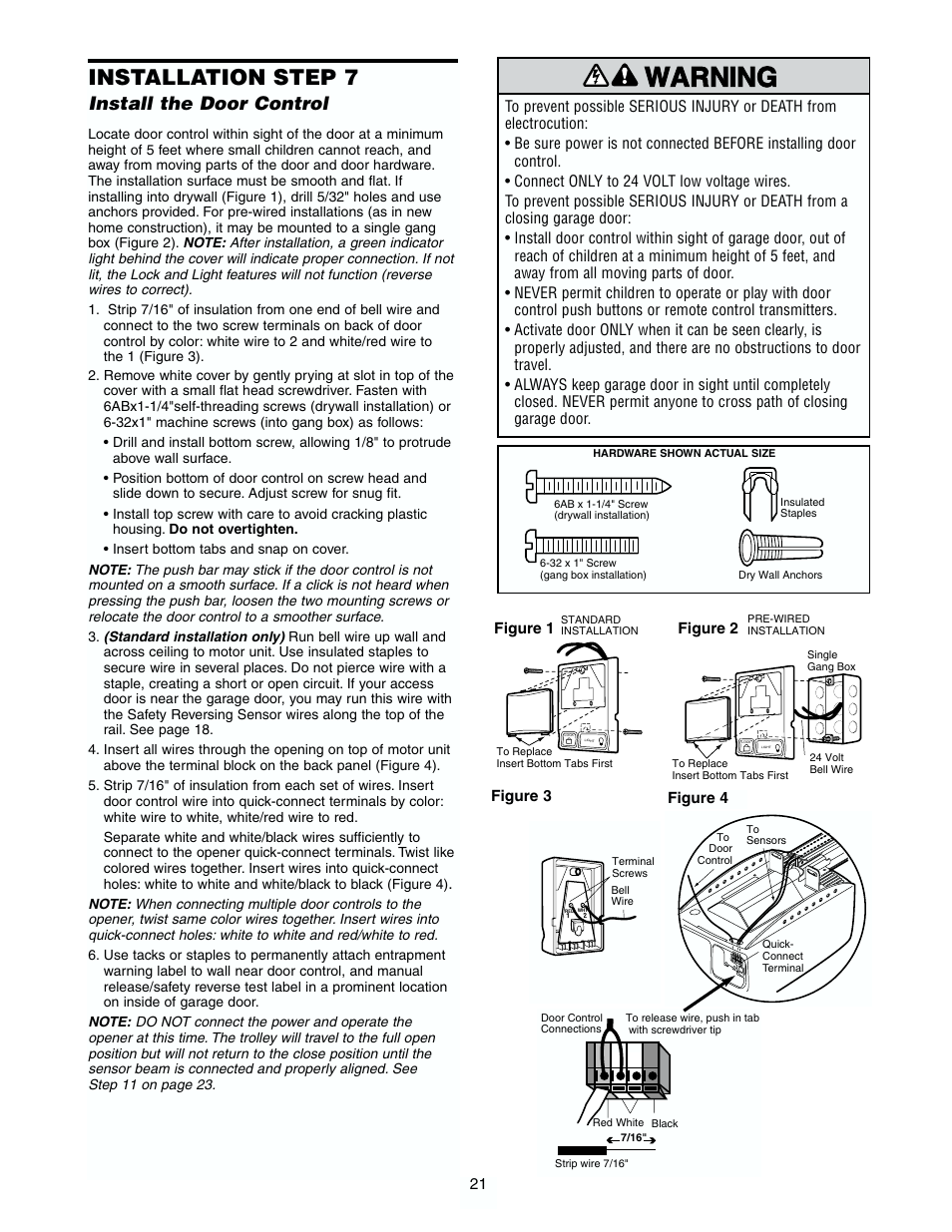 Install the door control, Warning caution warning warning, Installation step 7 | Chamberlain 7902 K User Manual | Page 21 / 40