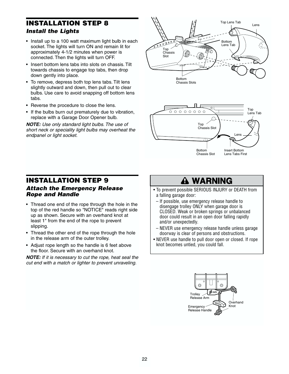 Electrical requirements, Complete safety reversing sensor installation, Warning caution warning warning | Installation step 8, Installation step 9 | Chamberlain 7902 K User Manual | Page 22 / 40