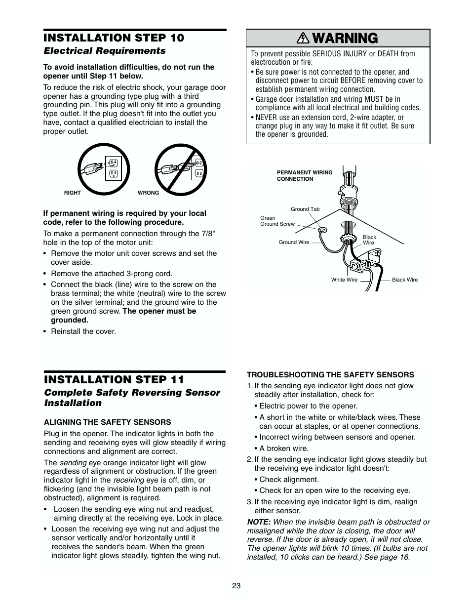 Install the lights and lens, Attach the manual release rope and handle, Warning caution warning warning | Installation step 10, Installation step 11 | Chamberlain 7902 K User Manual | Page 23 / 40