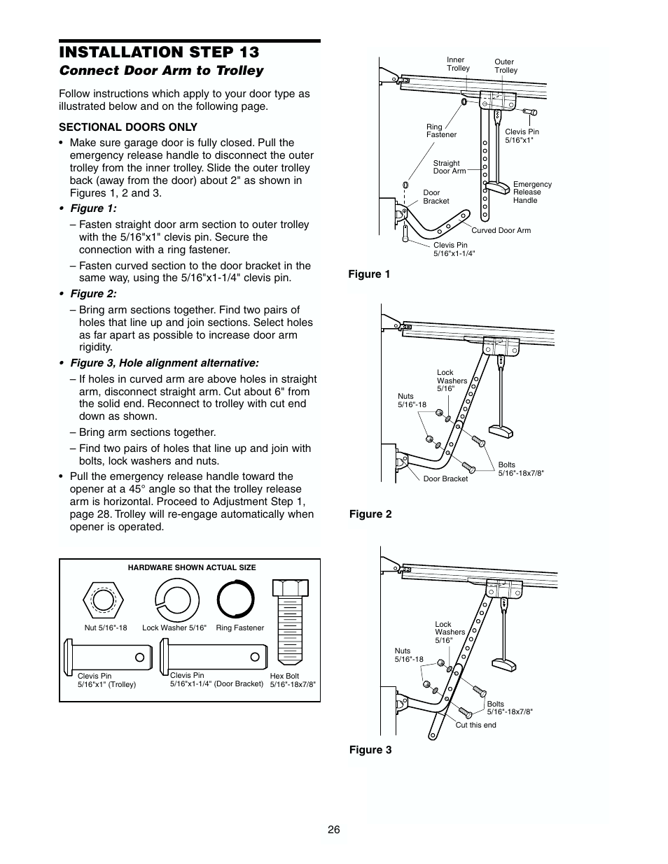 Connect door arm to trolley, Installation step 13 | Chamberlain 7902 K User Manual | Page 26 / 40