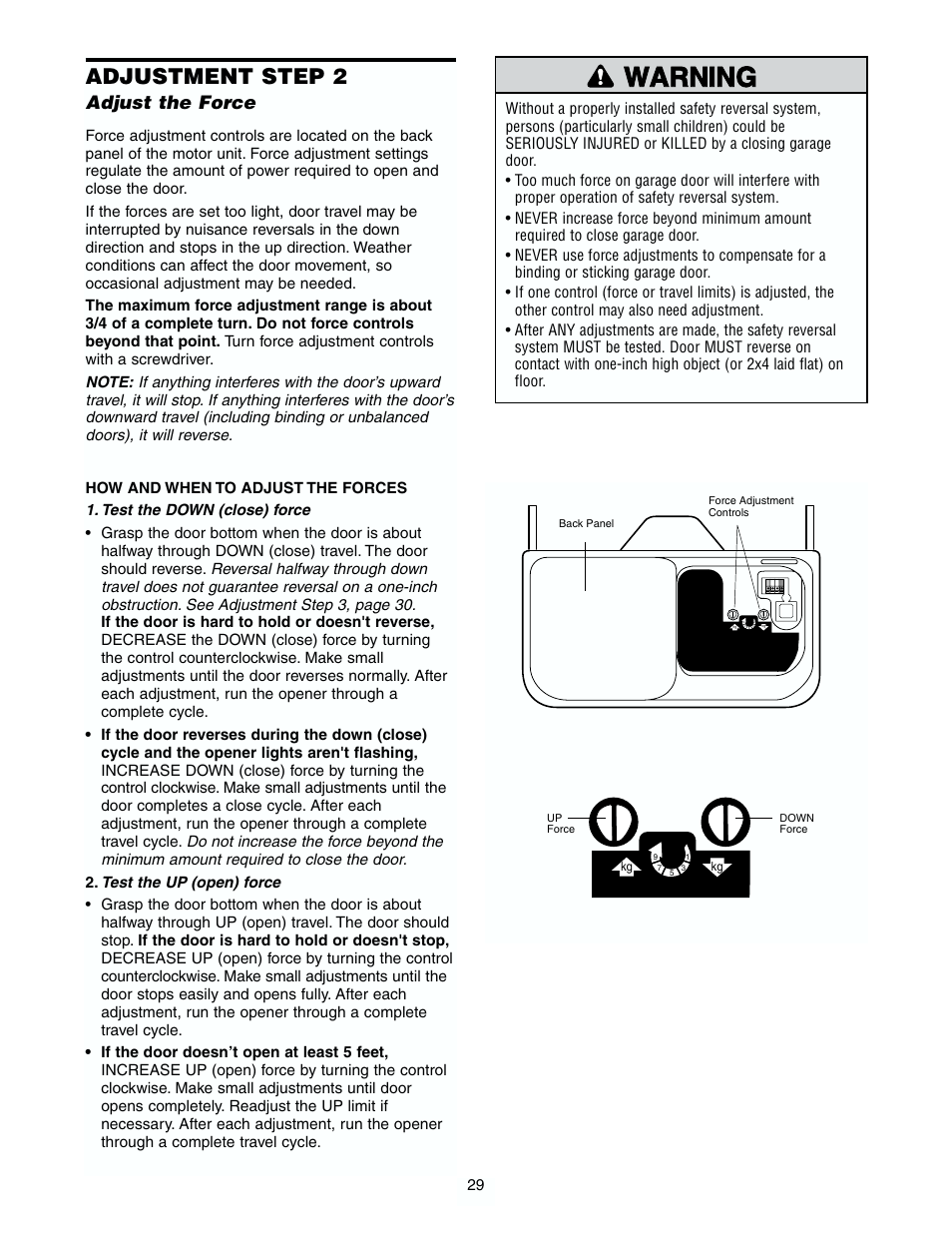 Adjust the force, Warning caution warning warning, Adjustment step 2 | Chamberlain 7902 K User Manual | Page 29 / 40