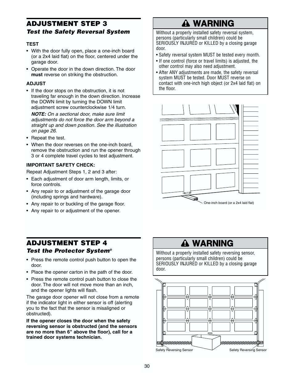 Test the protector system, Test the safety reverse system, Adjustment step 3 | Adjustment step 4 | Chamberlain 7902 K User Manual | Page 30 / 40