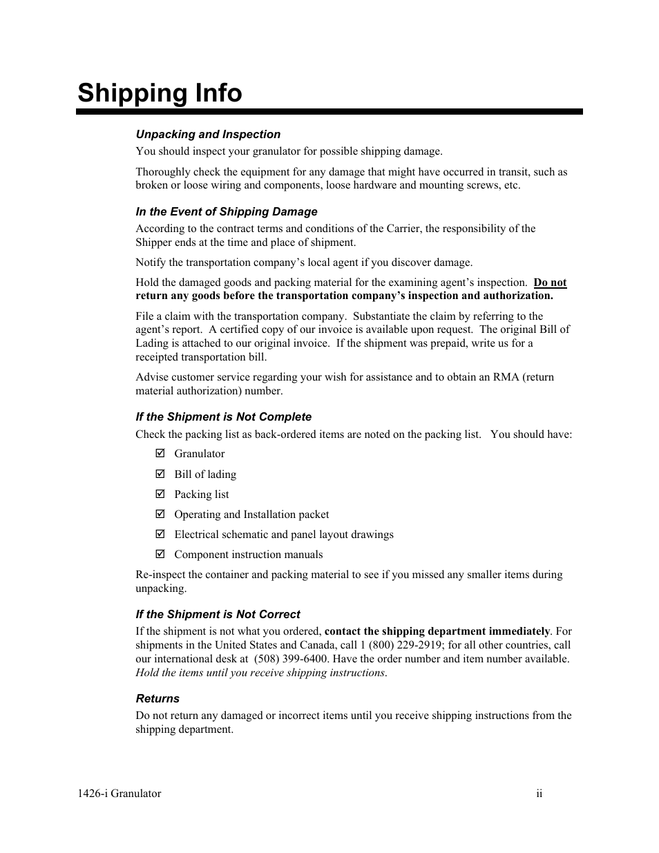 Shipping info | AEC 1426-i Twin-Shear Granulator User Manual | Page 3 / 38