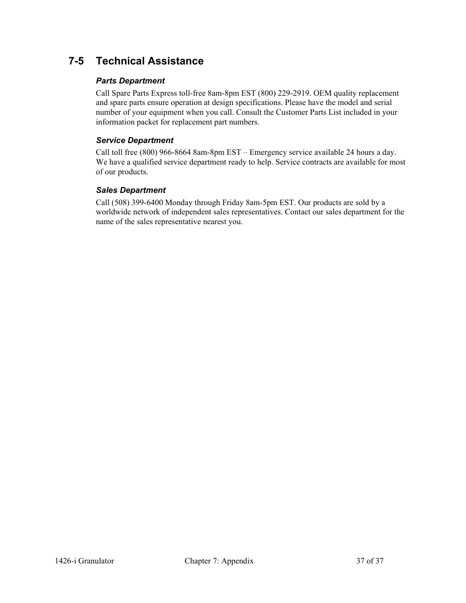 5 technical assistance | AEC 1426-i Twin-Shear Granulator User Manual | Page 38 / 38