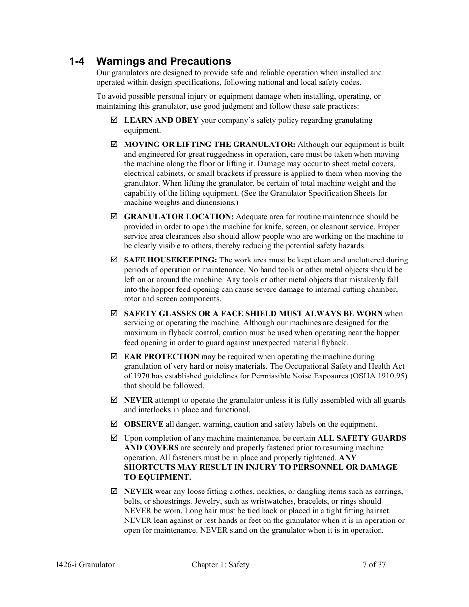 4 warnings and precautions | AEC 1426-i Twin-Shear Granulator User Manual | Page 8 / 38