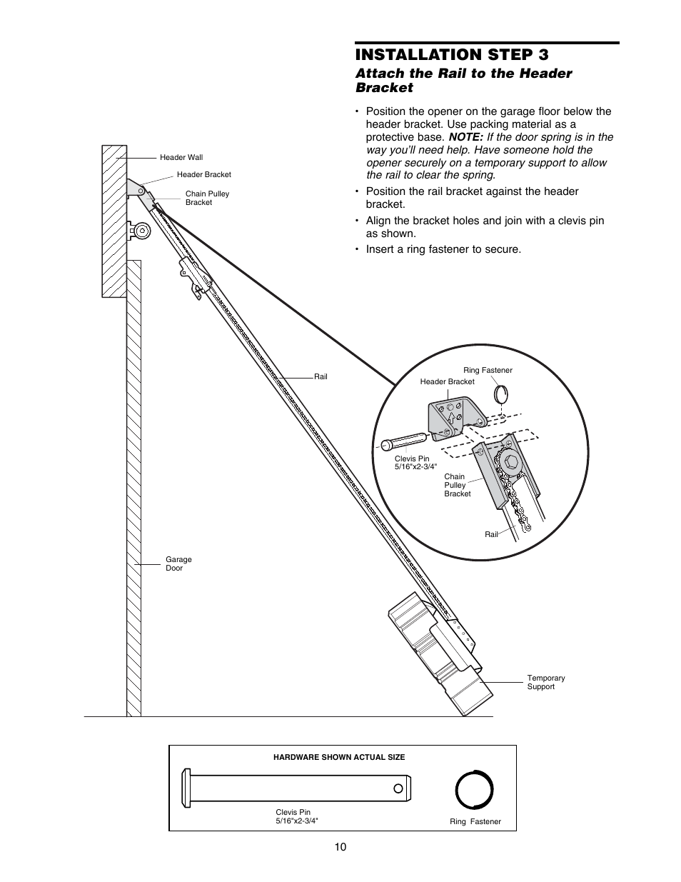 Installation step 2 install the header bracket, Installation step 3, Attach the rail to the header bracket | Chamberlain 2255-2 User Manual | Page 10 / 36