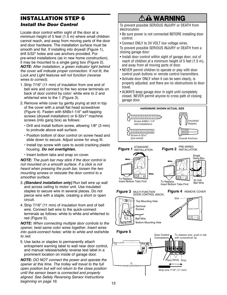 Installation step 5 hang the opener, Warning caution warning warning, Installation step 6 | Install the door control | Chamberlain 2255-2 User Manual | Page 13 / 36