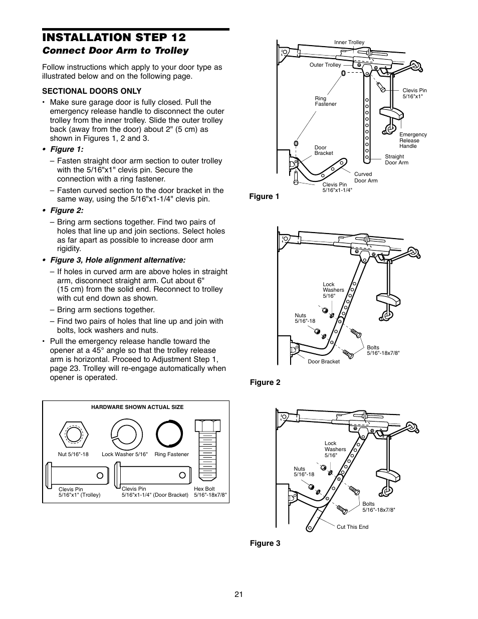 One-piece doors, Installation step 12, Connect door arm to trolley | Chamberlain 2255-2 User Manual | Page 21 / 36