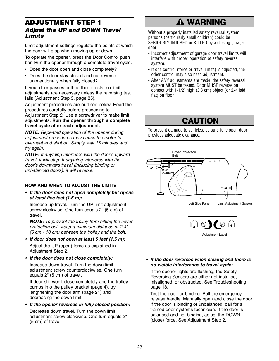 All one-piece doors, Warning caution warning warning, Adjustment step 1 | Chamberlain 2255-2 User Manual | Page 23 / 36