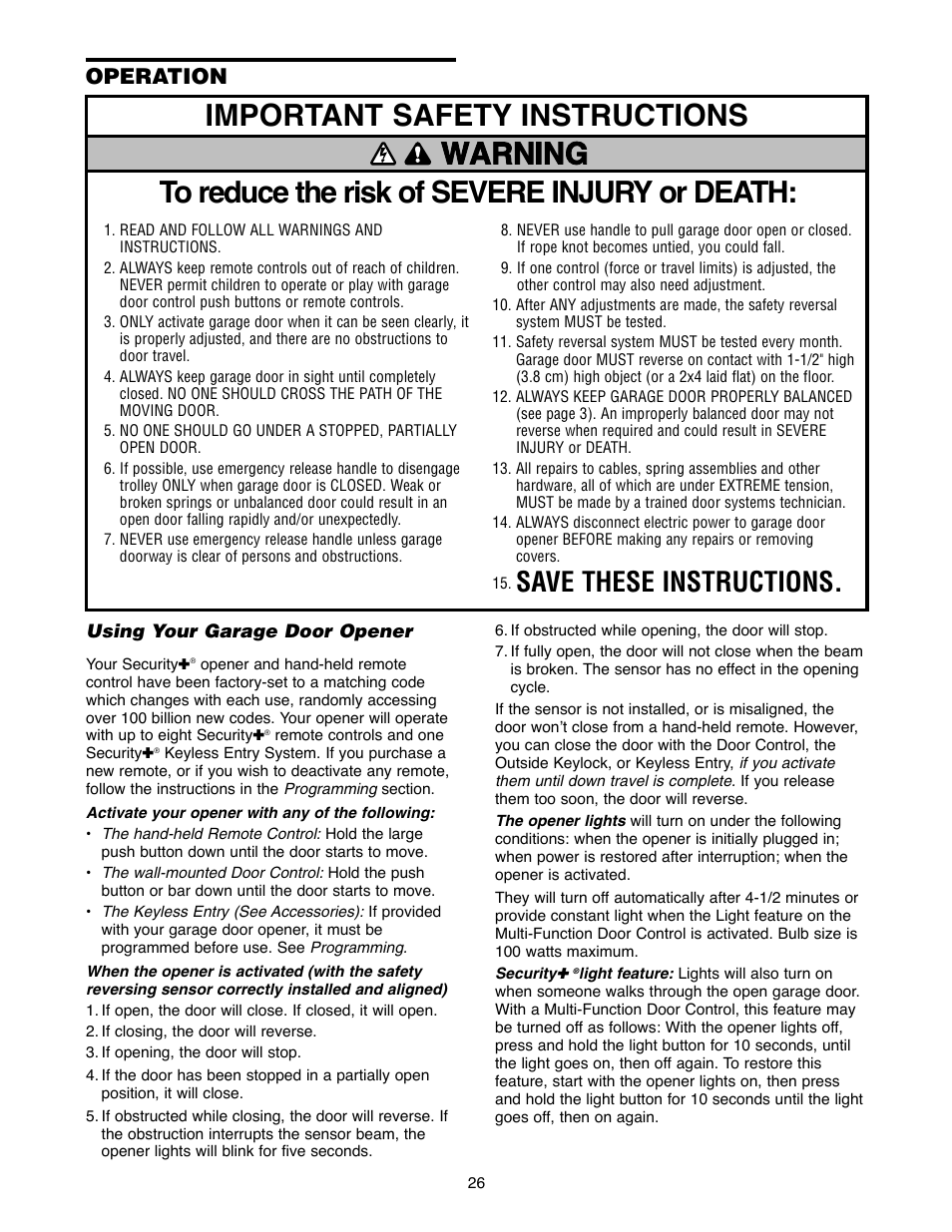 Adjustment step 3 test the safety reversal system, Warning, Save these instructions | Operation | Chamberlain 2255-2 User Manual | Page 26 / 36