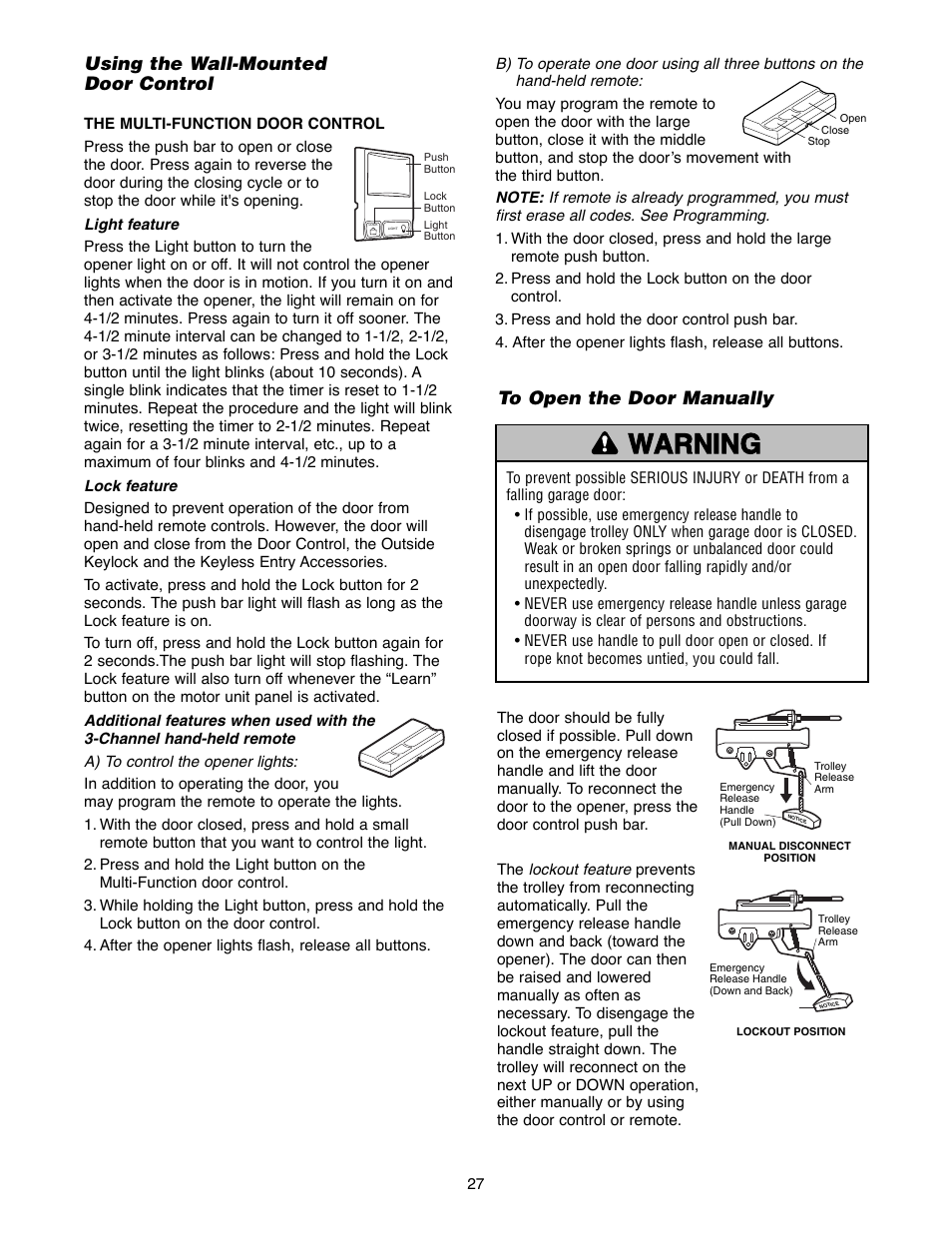Operation, Warning caution warning warning, Using the wall-mounted door control | Chamberlain 2255-2 User Manual | Page 27 / 36