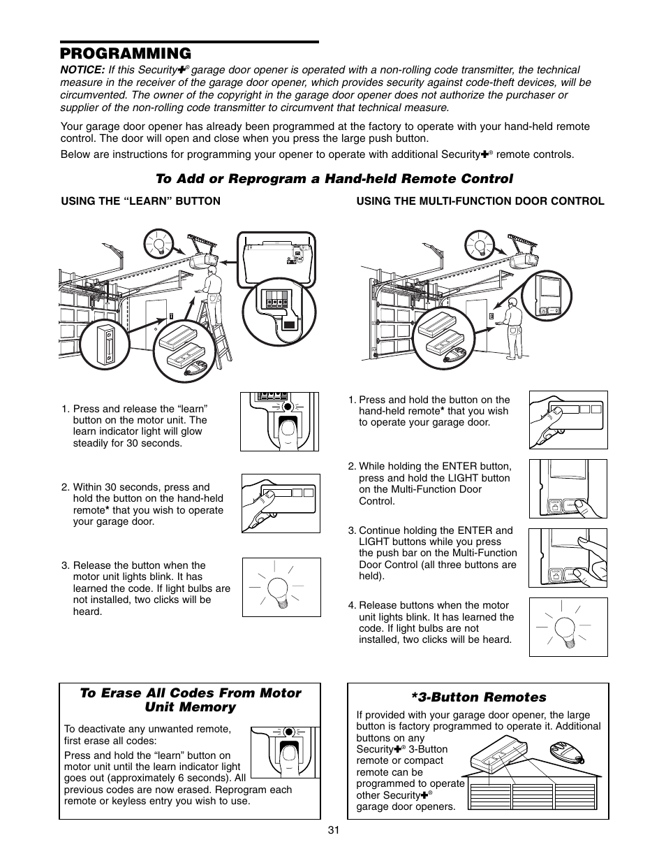 Programming, To add an additional hand-held remote control, Button remotes | Chamberlain 2255-2 User Manual | Page 31 / 36