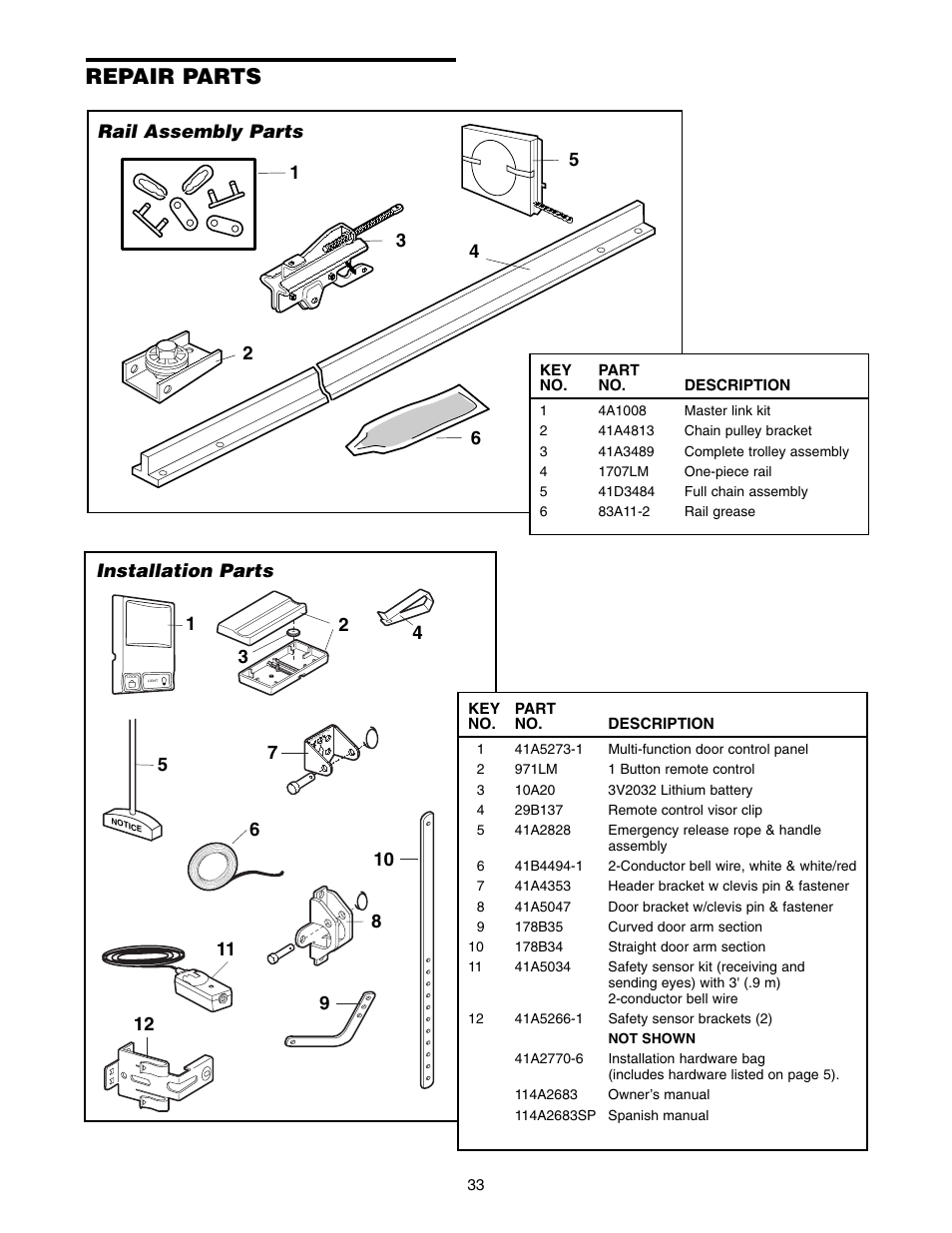 Repair parts, Rail assembly parts, Installation parts | Chamberlain 2255-2 User Manual | Page 33 / 36