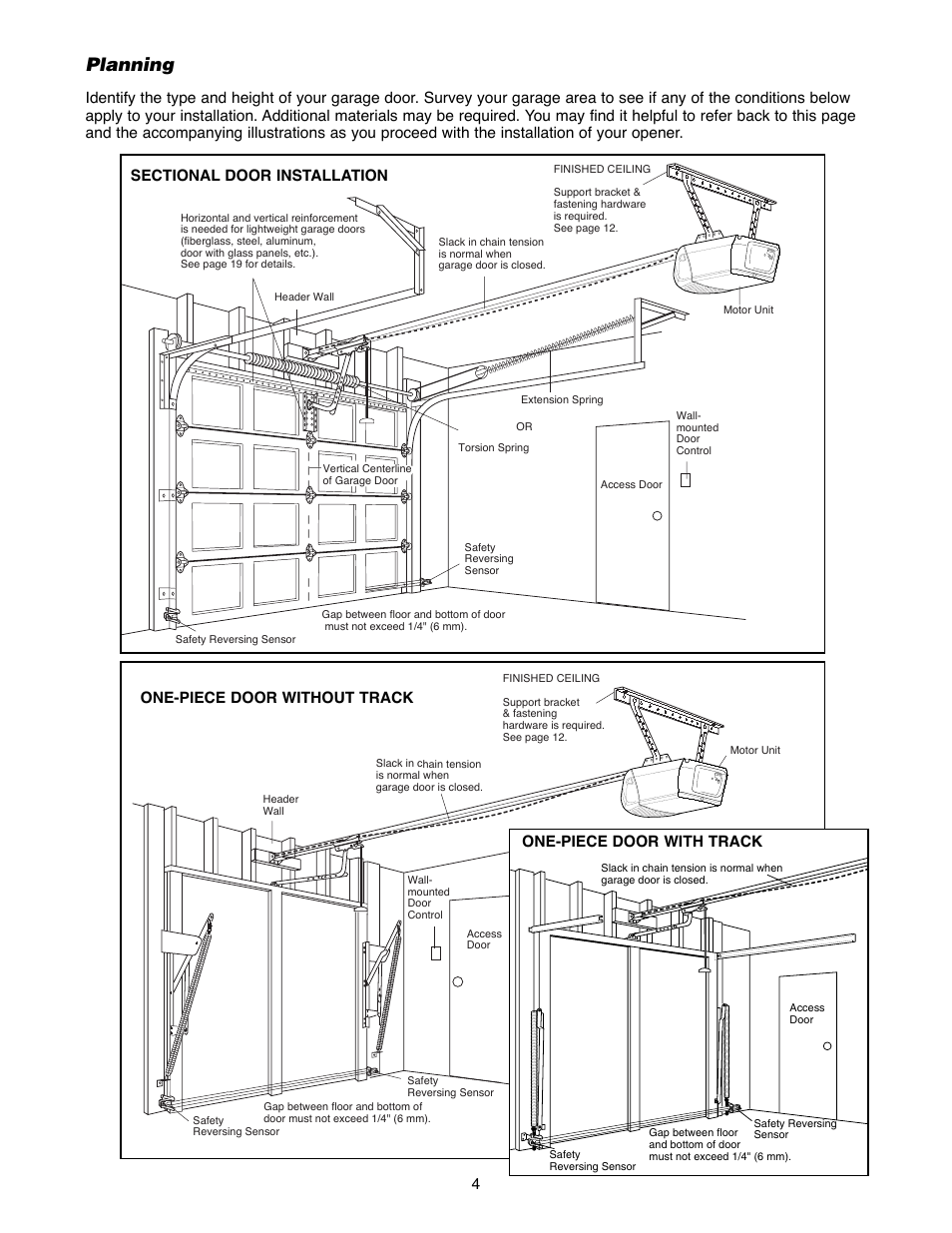 Planning, One-piece door without track 4, One-piece door with track | Chamberlain 2255-2 User Manual | Page 4 / 36